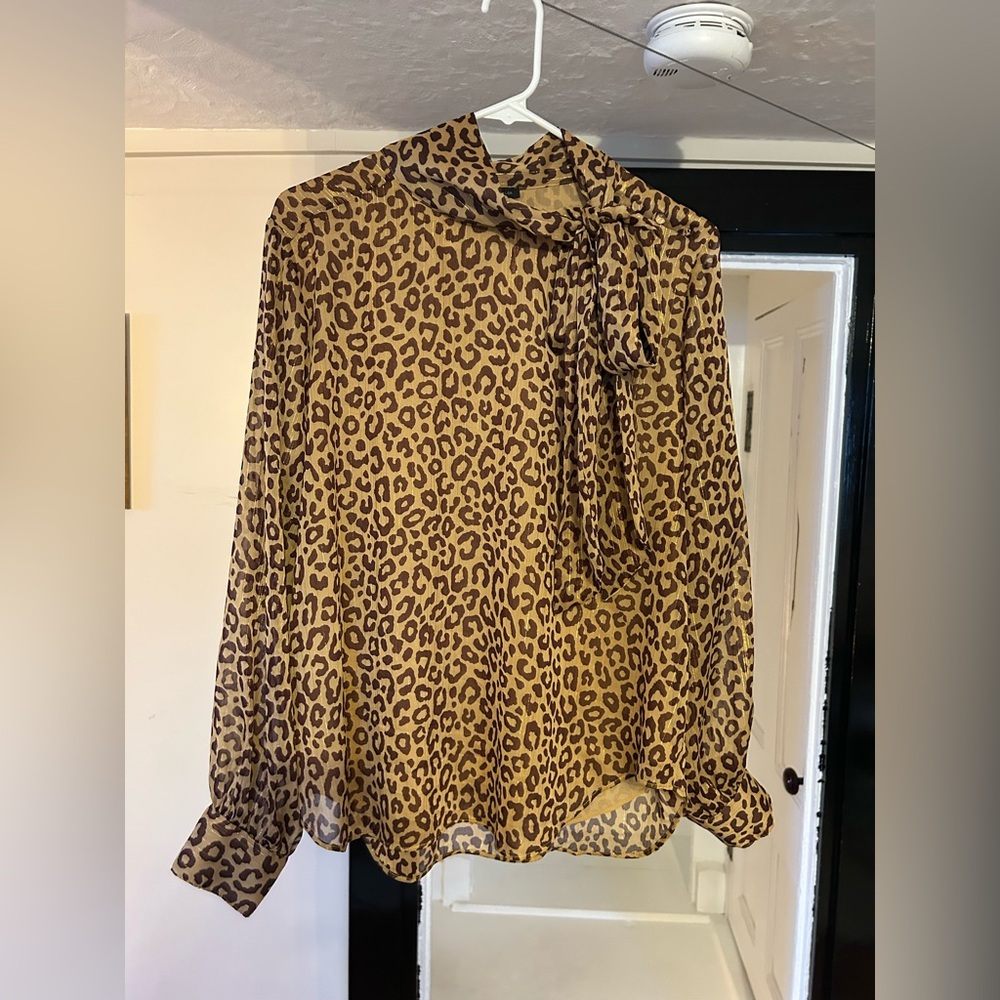 Ann Taylor Gold Shimmer Leopard Print Bow Blouse
